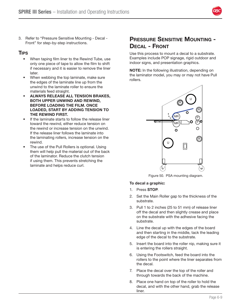 Tips, Pressure sensitive mounting - decal - front | GBC 64Ct User Manual | Page 35 / 48