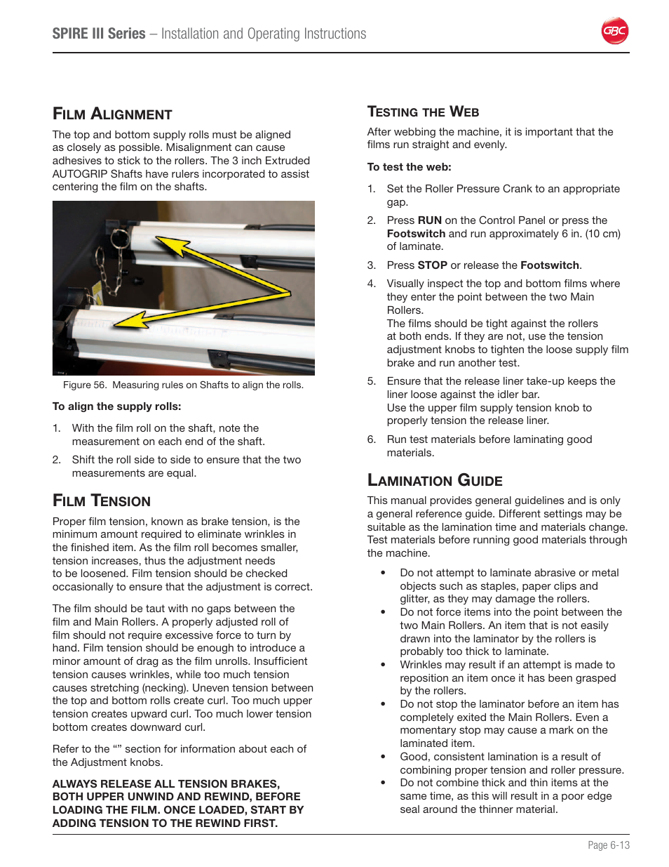 Film alignment, Film tension, Testing the web | Lamination guide | GBC 64Ct User Manual | Page 39 / 48