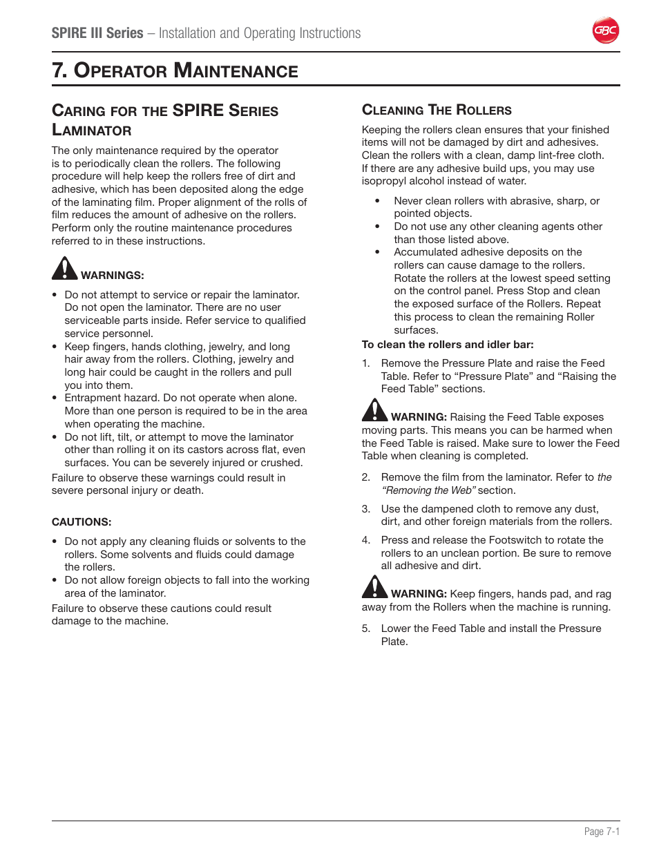 Operator maintenance, Caring for the spire series laminator, Cleaning the rollers | Spire s, Perator, Aintenance | GBC 64Ct User Manual | Page 41 / 48