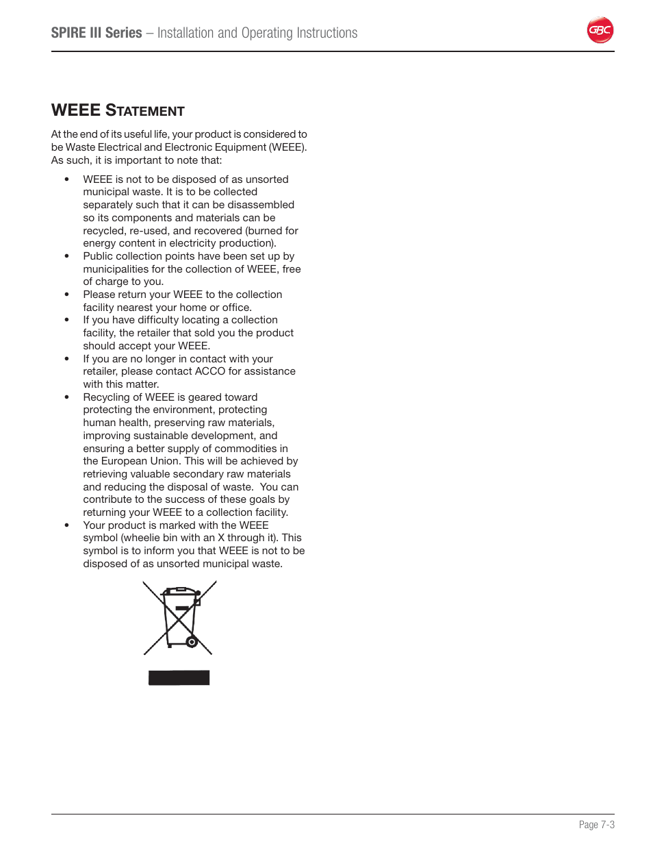 Weee statement, Weee s | GBC 64Ct User Manual | Page 43 / 48