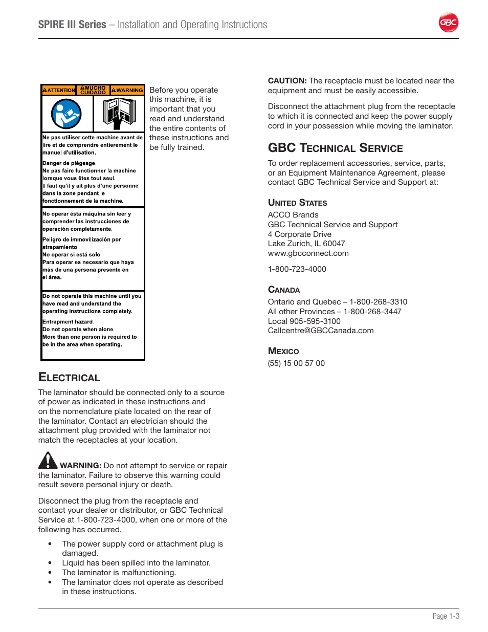 Electrical, Gbc technical service, Gbc t | GBC 64Ct User Manual | Page 7 / 48