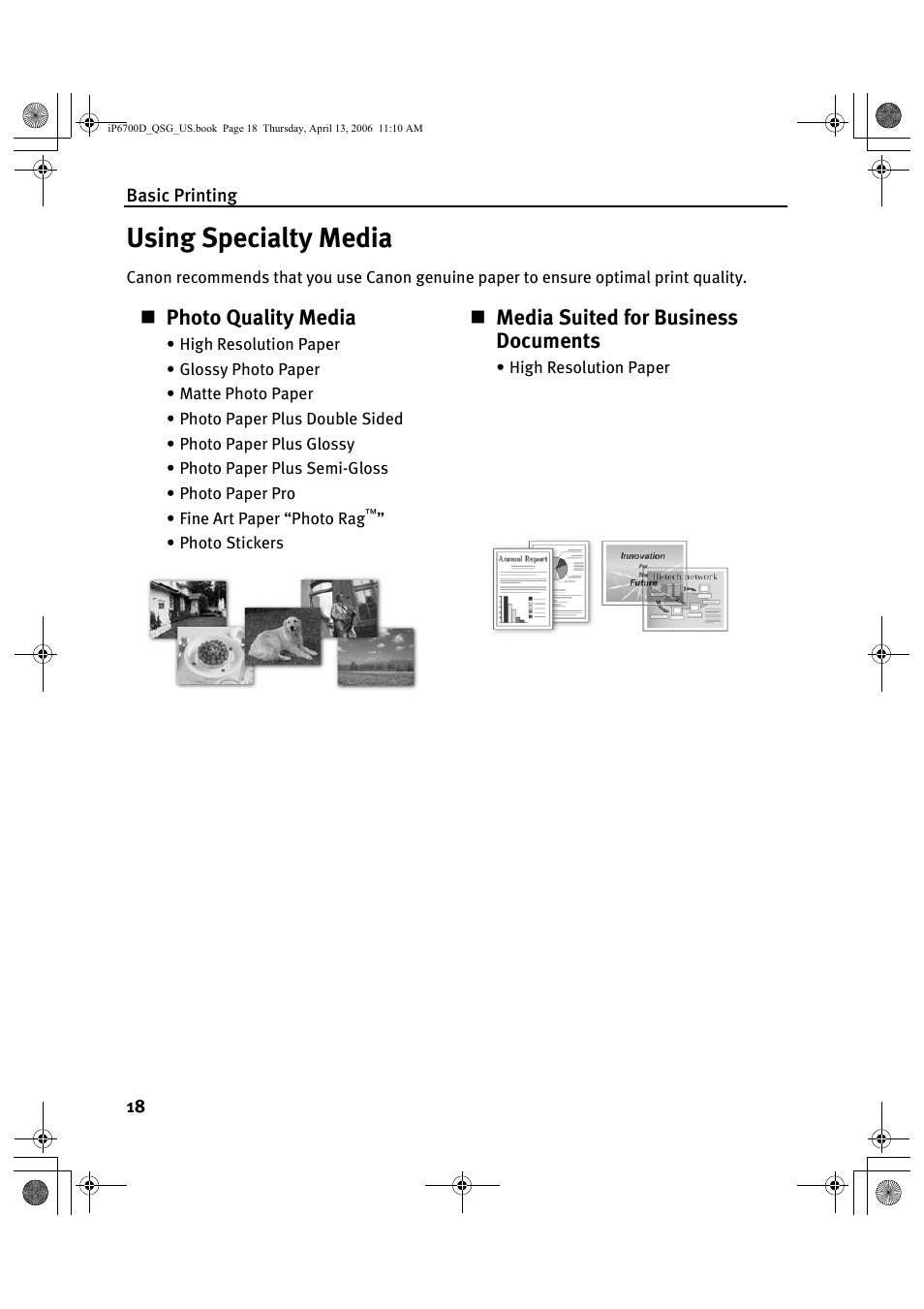 Using specialty media, Photo quality media, Media suited for business documents | Canon QT5-0385-V01 User Manual | Page 22 / 60