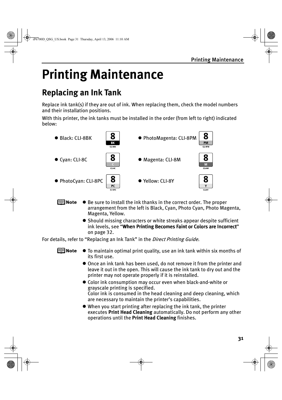 Printing maintenance, Replacing an ink tank | Canon QT5-0385-V01 User Manual | Page 35 / 60