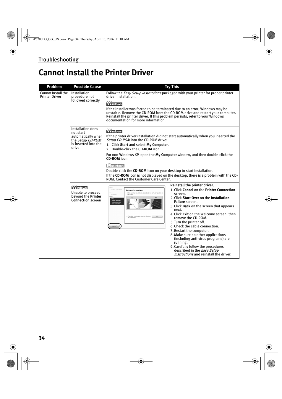 Cannot install the printer driver, Troubleshooting 34 | Canon QT5-0385-V01 User Manual | Page 38 / 60