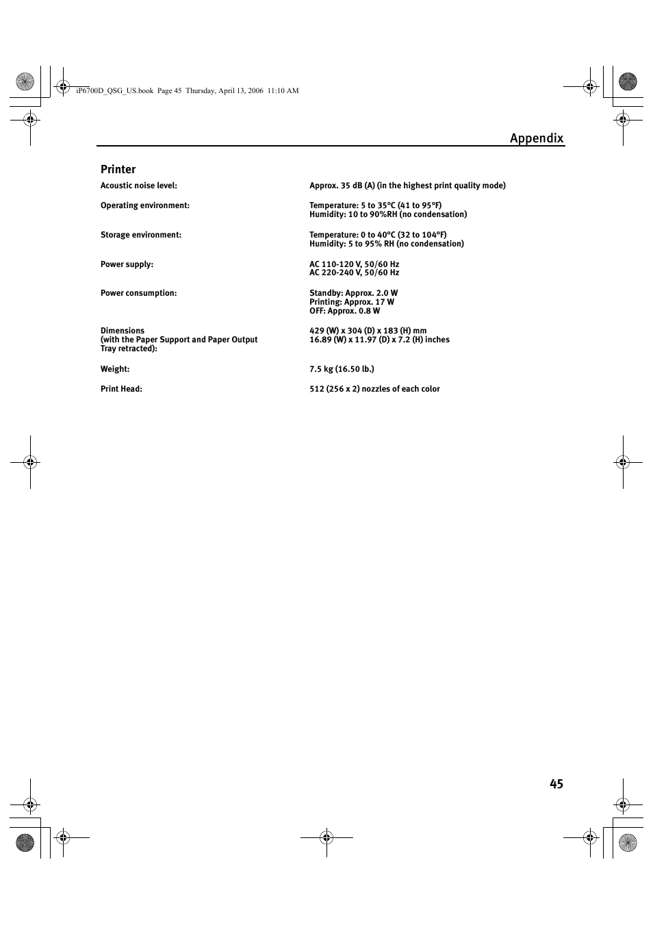 Appendix 45, Printer | Canon QT5-0385-V01 User Manual | Page 49 / 60