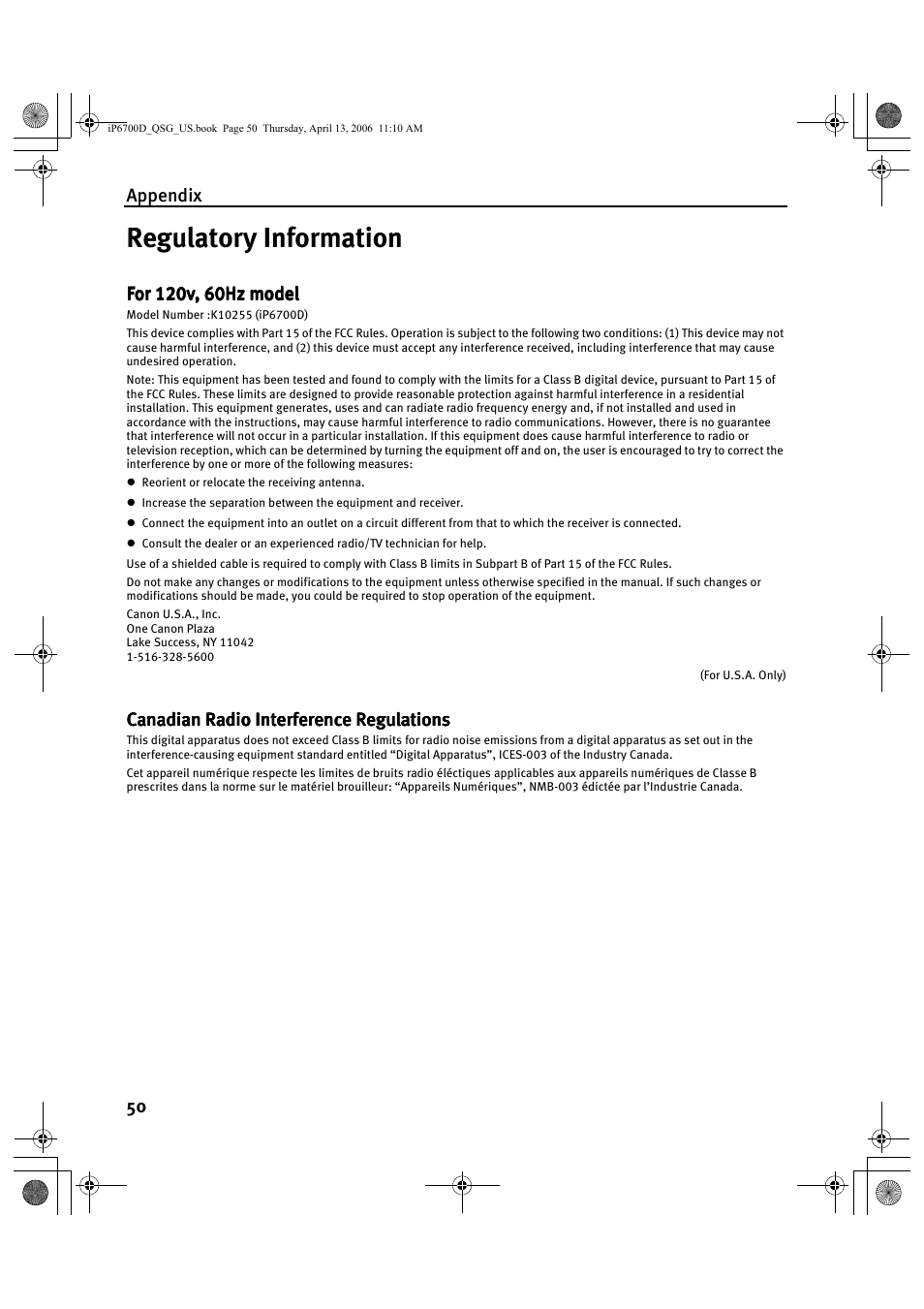Regulatory information, Appendix 50, Canadian radio interference regulations | Canon QT5-0385-V01 User Manual | Page 54 / 60