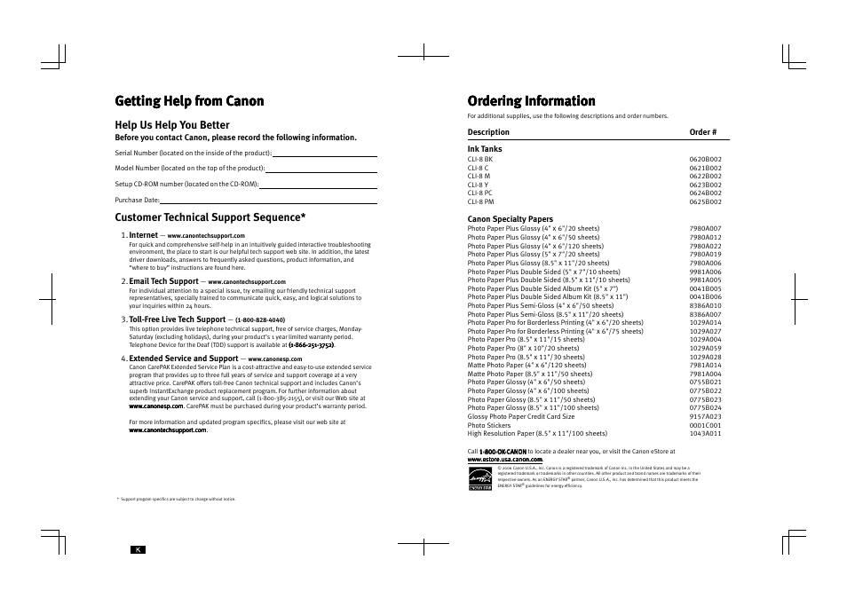 Ordering information, Getting help from canon, Help us help you better | Customer technical support sequence | Canon QT5-0385-V01 User Manual | Page 59 / 60