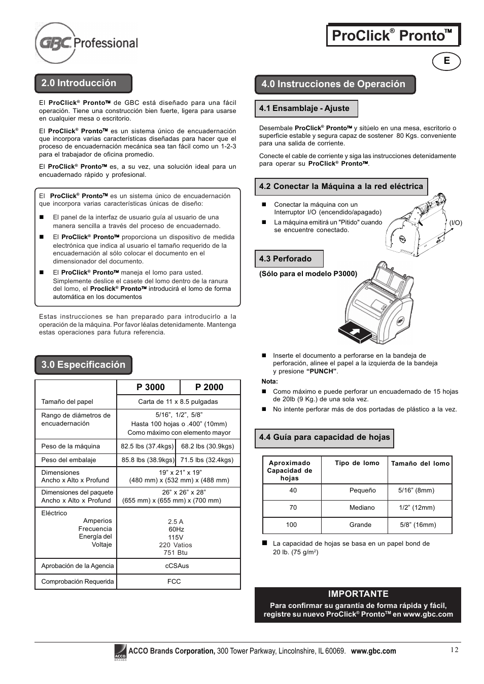 Proclick pronto, 0 instrucciones de operación 2.0 introducción, 0 especificación | Importante | GBC Proclick Pronto User Manual | Page 12 / 15