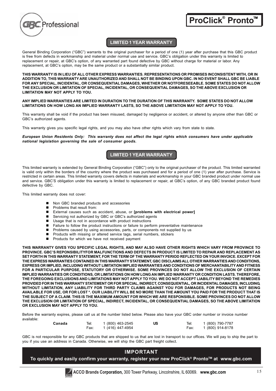 Proclick pronto | GBC Proclick Pronto User Manual | Page 15 / 15