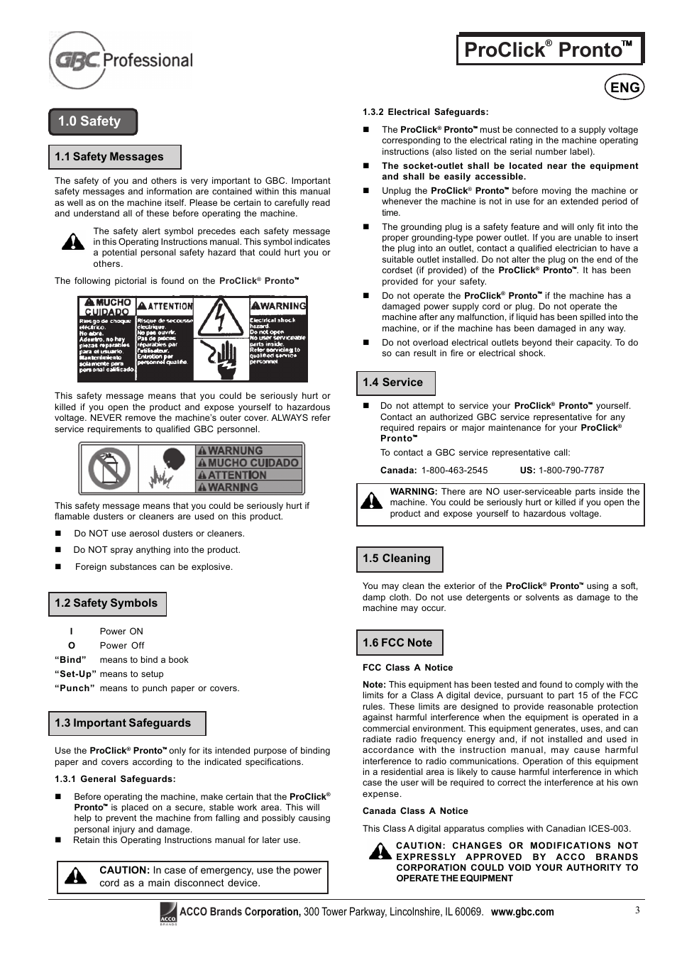 Proclick pronto, 0 safety, 4 service 1.5 cleaning | 1 safety messages, 2 safety symbols, 3 important safeguards | GBC Proclick Pronto User Manual | Page 3 / 15