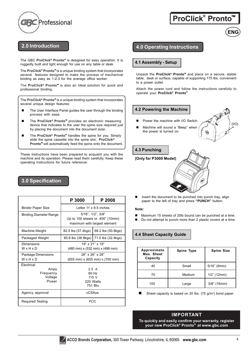 Proclick pronto, 0 operating instructions 2.0 introduction, 0 specification | Important, 1 assembly - setup, 2 powering the machine, 3 punching, 4 sheet capacity guide | GBC Proclick Pronto User Manual | Page 4 / 15