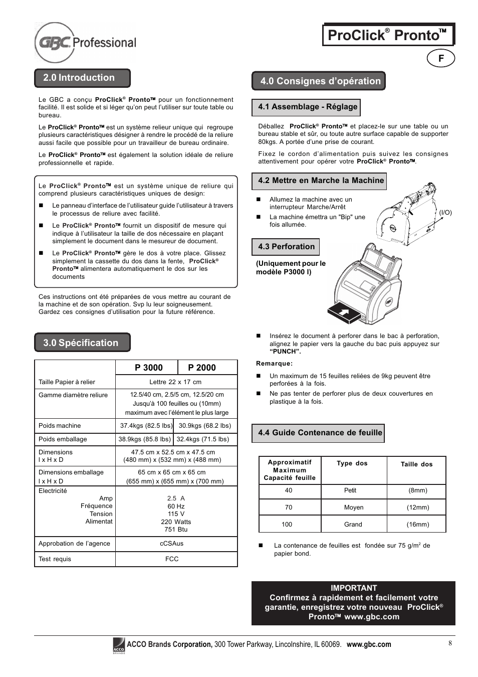 Proclick pronto, 0 consignes d’opération 2.0 introduction, 0 spécification | GBC Proclick Pronto User Manual | Page 8 / 15