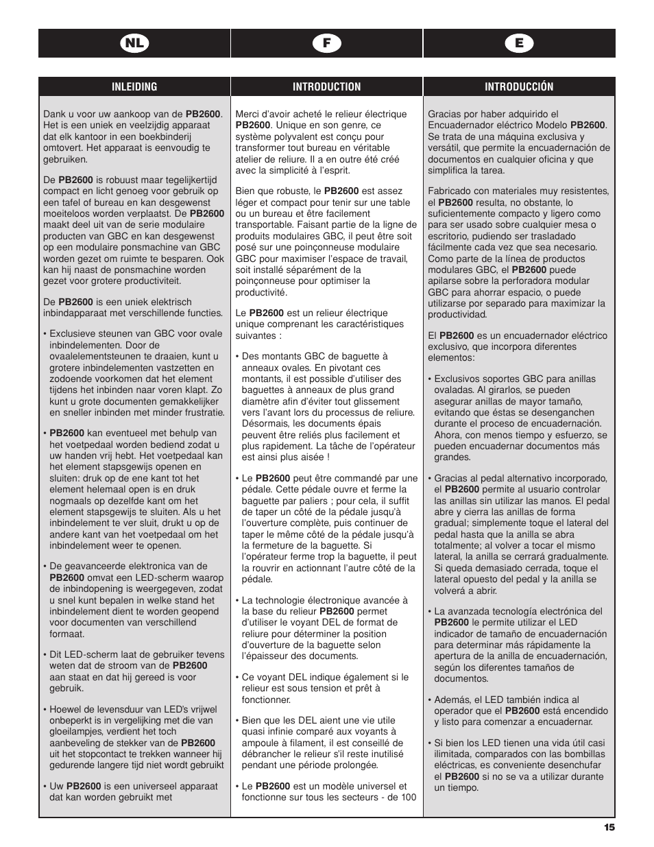 Nl f e | GBC PB2600 User Manual | Page 15 / 34