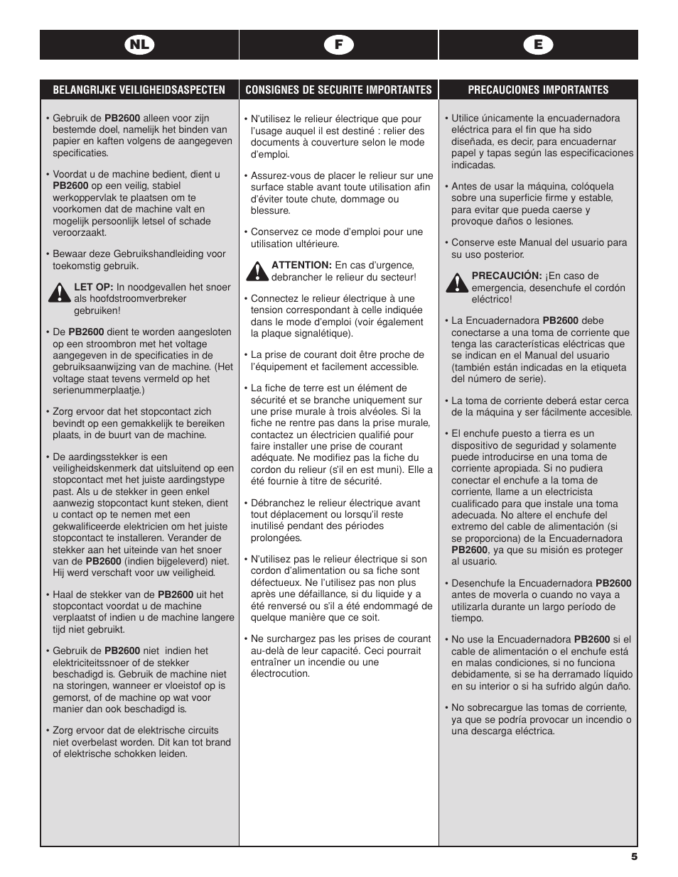 Nl f e | GBC PB2600 User Manual | Page 5 / 34
