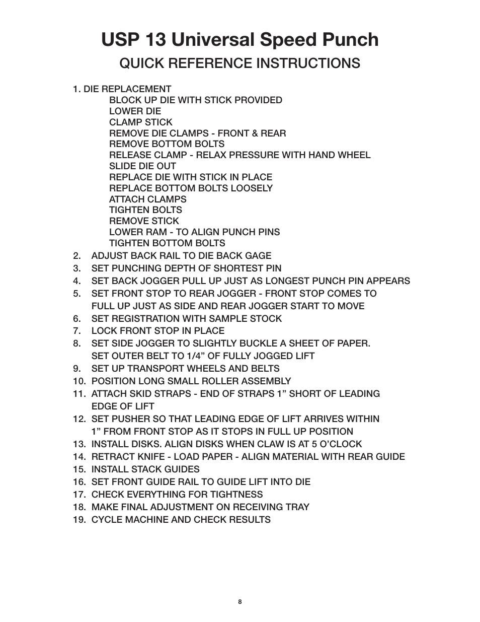 Usp 13 universal speed punch, Quick reference instructions | GBC Usp13 User Manual | Page 10 / 17