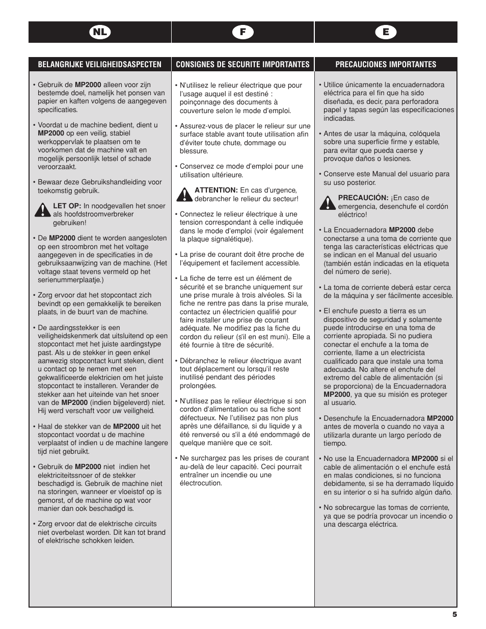 Nl f e | GBC MP2000 User Manual | Page 5 / 24