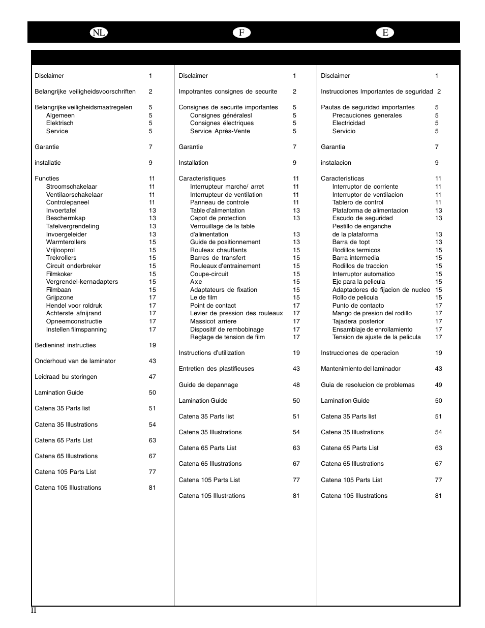 Nl f e | GBC Catenas User Manual | Page 3 / 53