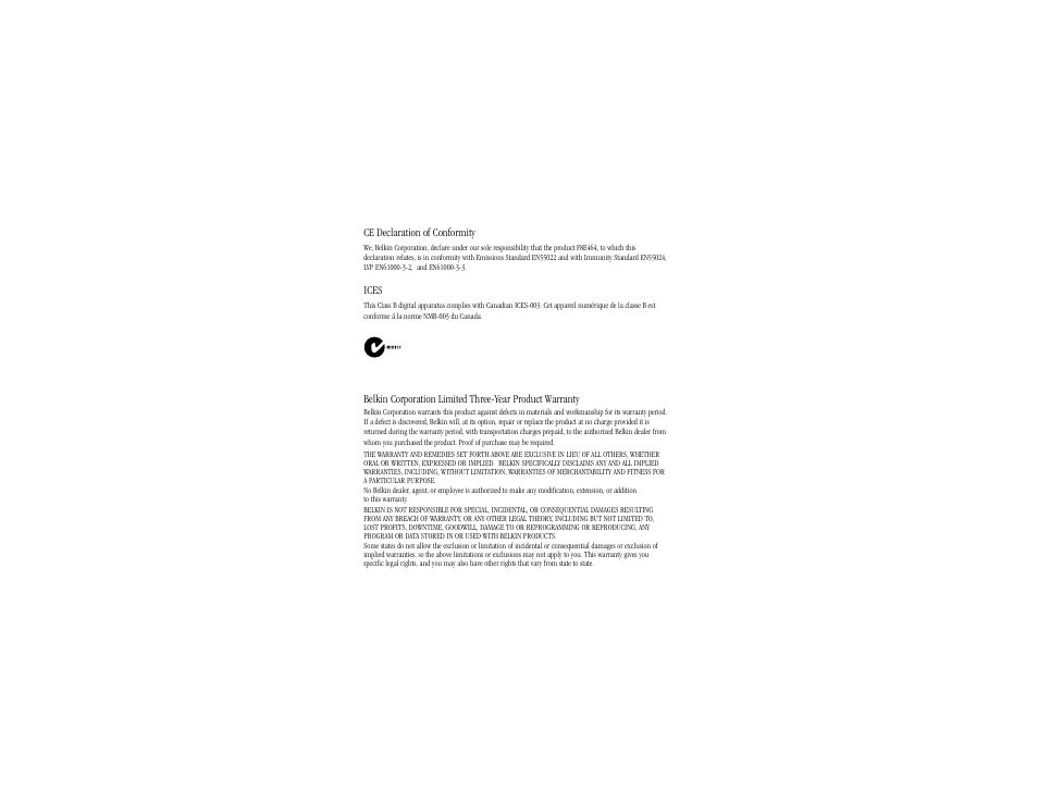 Warranty | Belkin F8E464 User Manual | Page 3 / 6