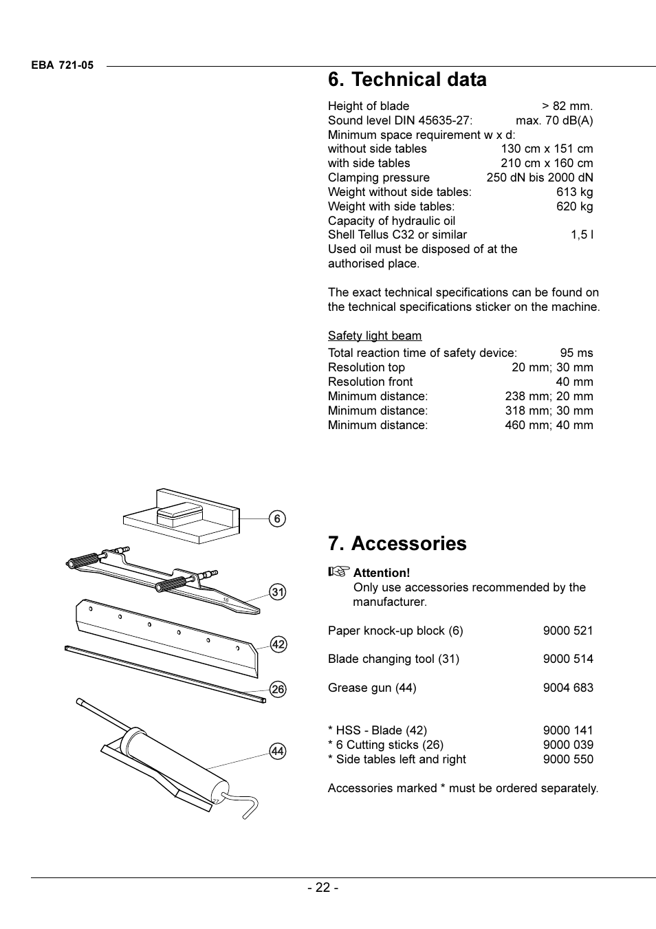 Technical data/accessories, Technical data, Accessories | GBC EBA 721-05 LT User Manual | Page 22 / 24