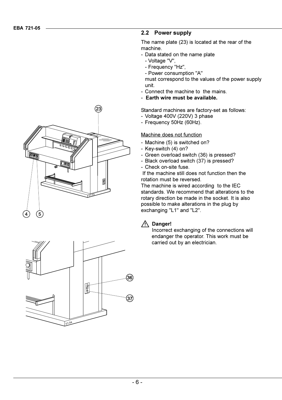 Power supply | GBC EBA 721-05 LT User Manual | Page 6 / 24