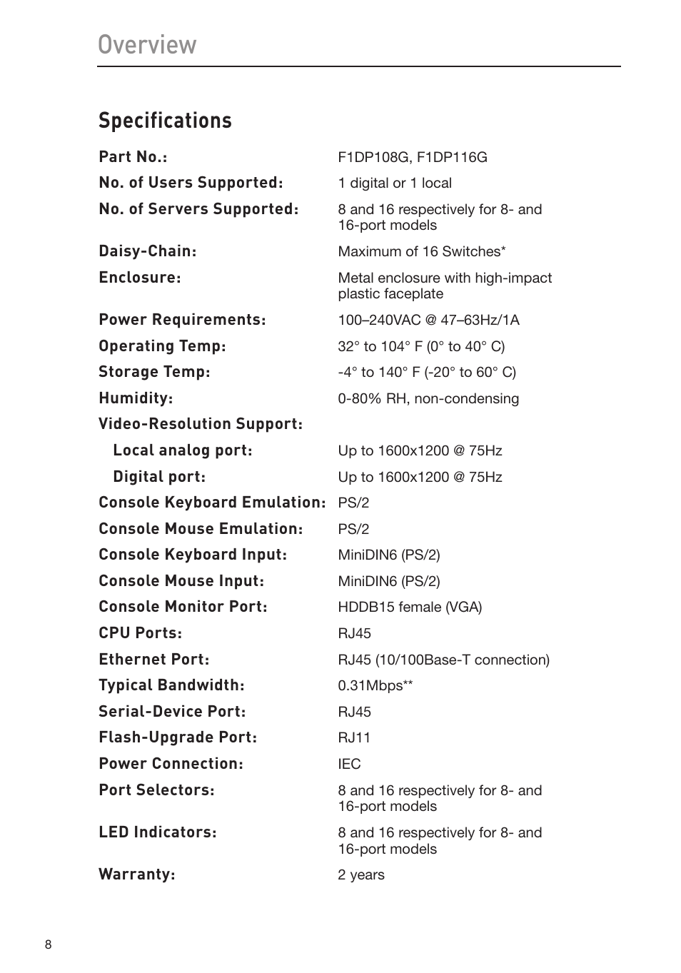 Overview, Specifications | Belkin Omniview SMB KVM-over-IP Switch F1DP108G User Manual | Page 11 / 84