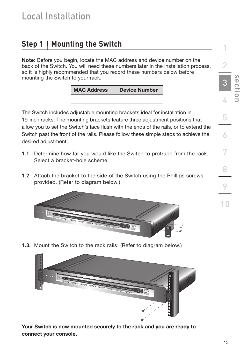 Local installation, Step 1 mounting the switch | Belkin Omniview SMB KVM-over-IP Switch F1DP108G User Manual | Page 16 / 84