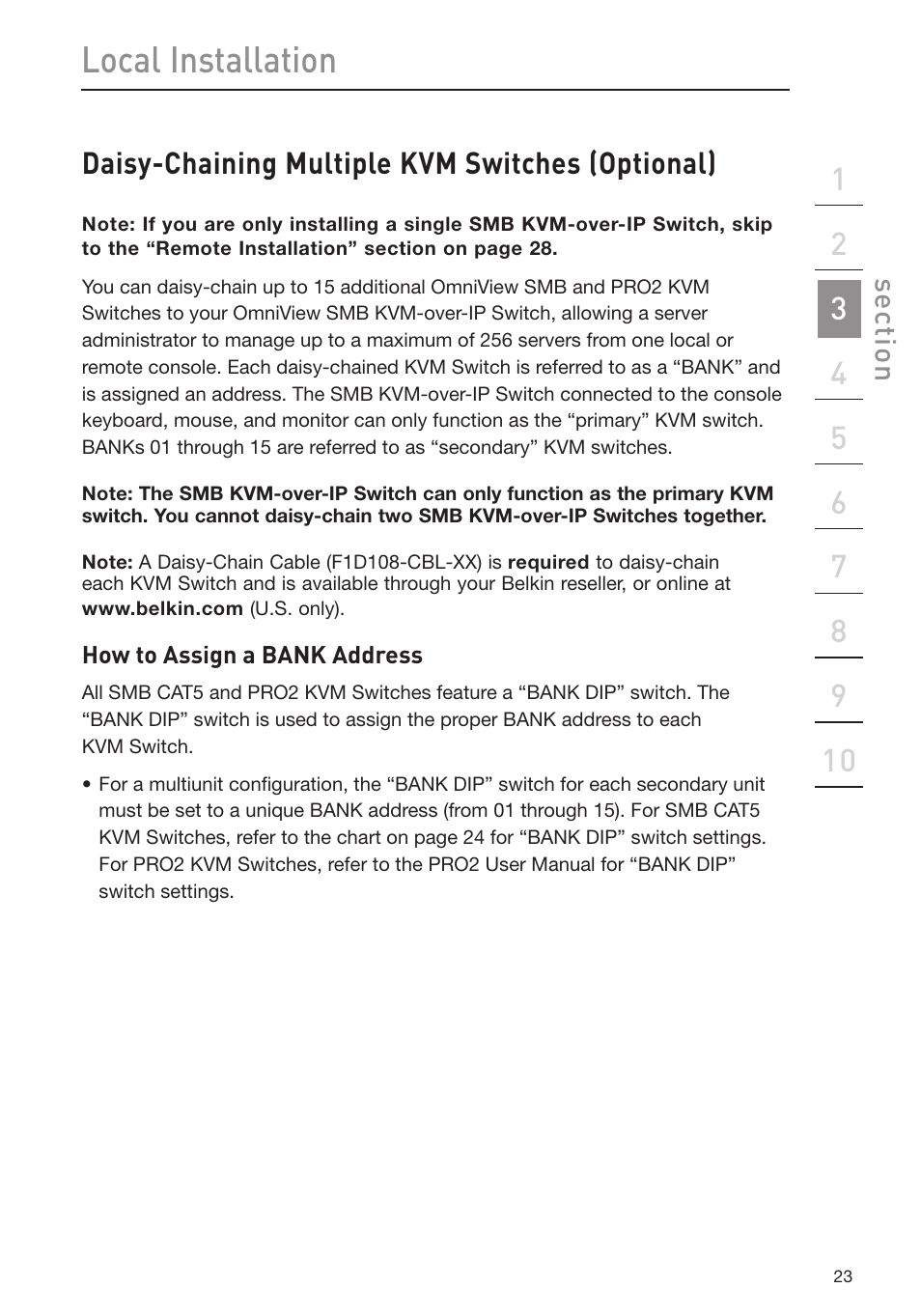 Local installation, Daisy-chaining multiple kvm switches (optional) | Belkin Omniview SMB KVM-over-IP Switch F1DP108G User Manual | Page 26 / 84