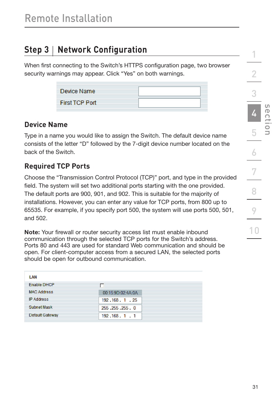 Remote installation, Step 3 network configuration | Belkin Omniview SMB KVM-over-IP Switch F1DP108G User Manual | Page 34 / 84