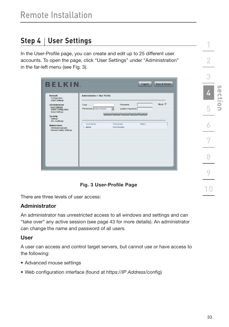 Remote installation, Step 4 user settings | Belkin Omniview SMB KVM-over-IP Switch F1DP108G User Manual | Page 36 / 84