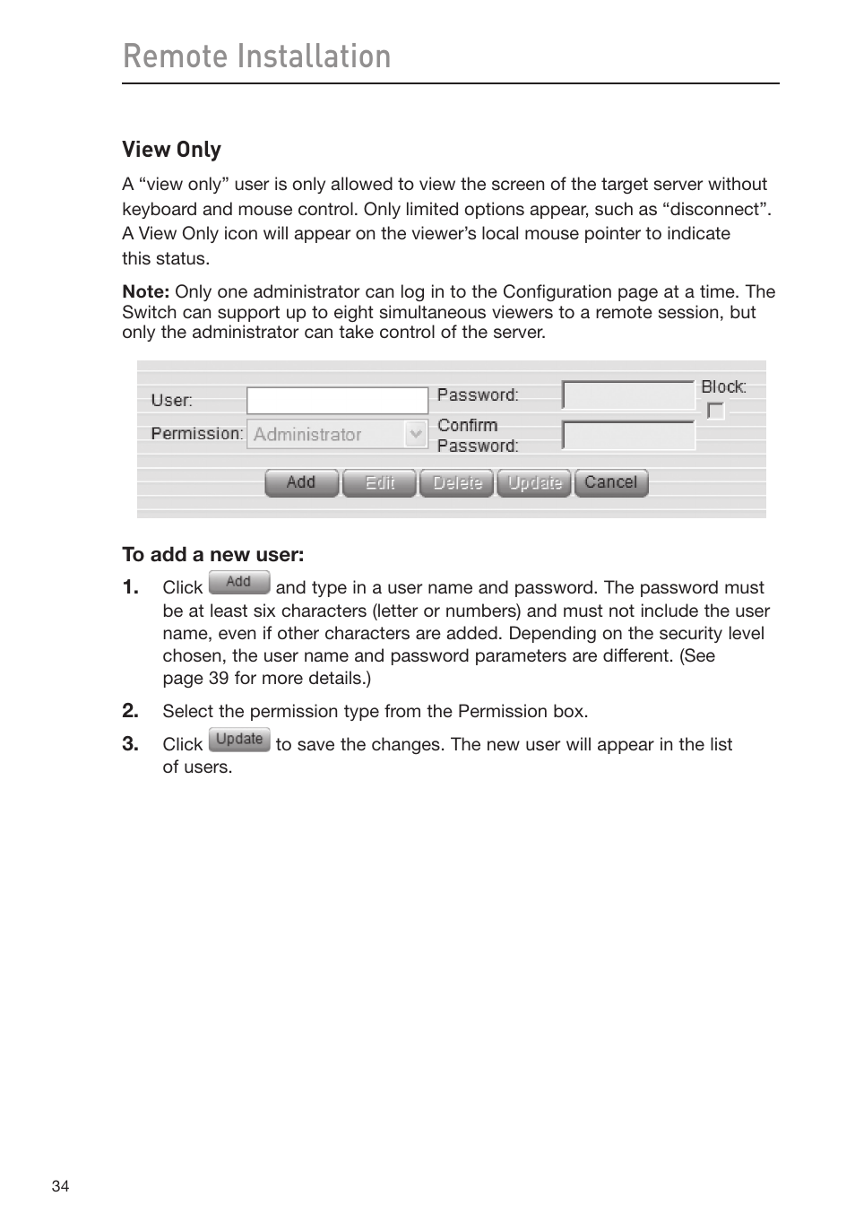 Remote installation, View only | Belkin Omniview SMB KVM-over-IP Switch F1DP108G User Manual | Page 37 / 84