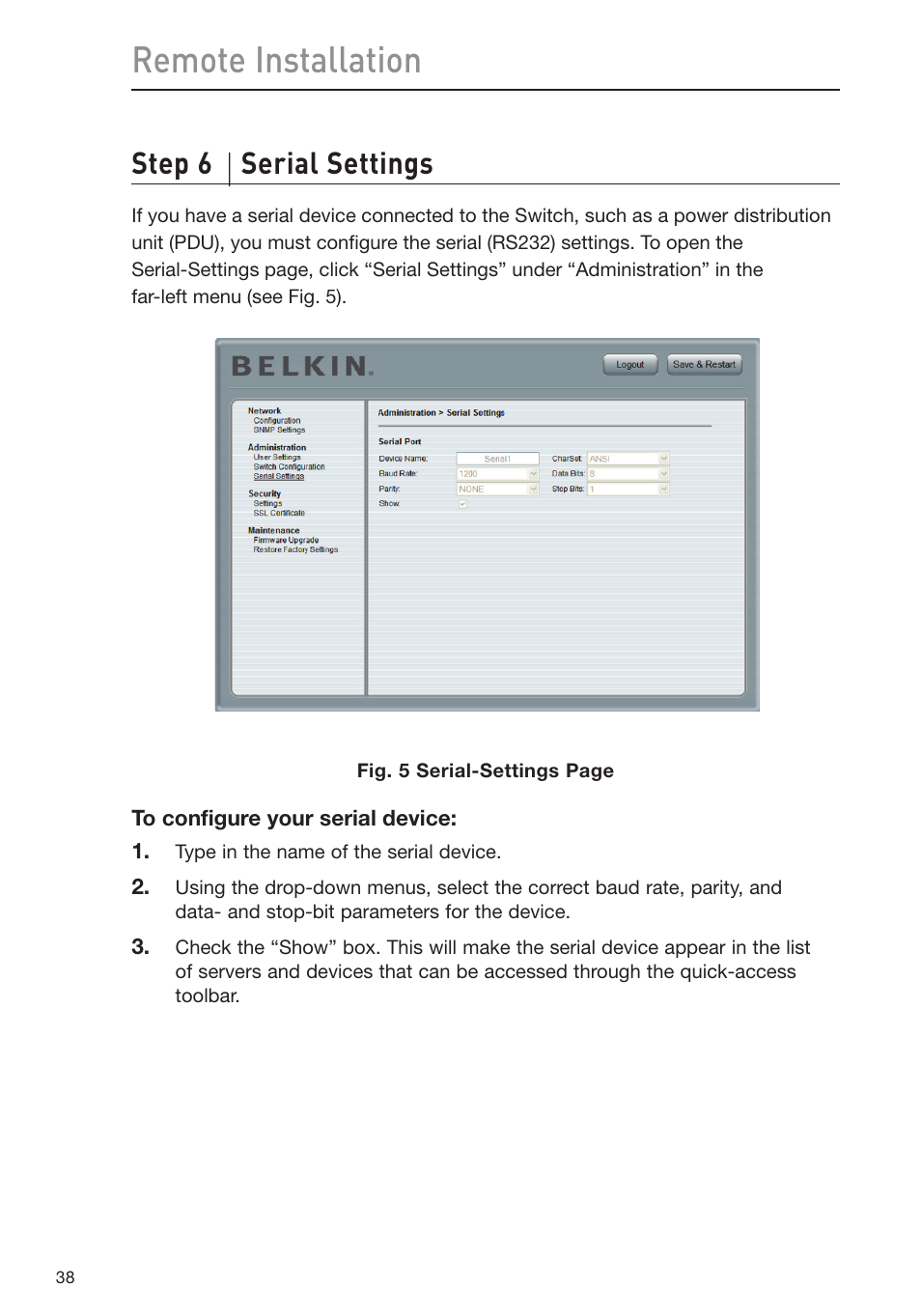 Remote installation, Step 6 serial settings | Belkin Omniview SMB KVM-over-IP Switch F1DP108G User Manual | Page 41 / 84