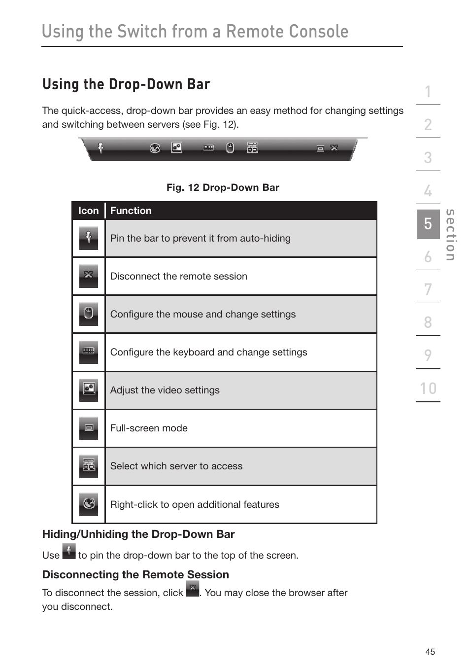 Using the switch from a remote console, Using the drop-down bar | Belkin Omniview SMB KVM-over-IP Switch F1DP108G User Manual | Page 48 / 84