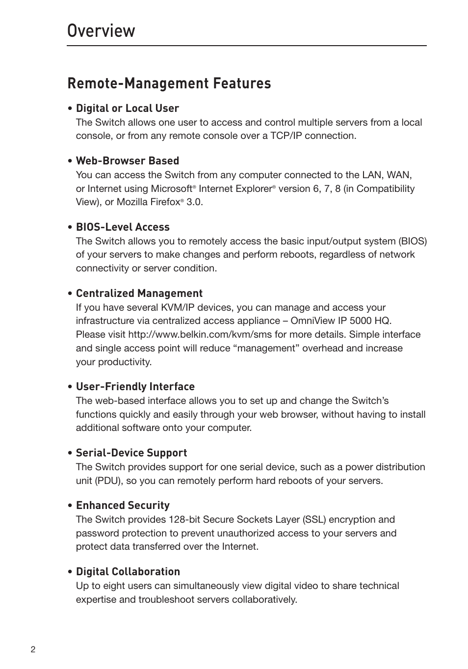 Overview, Remote-management features | Belkin Omniview SMB KVM-over-IP Switch F1DP108G User Manual | Page 5 / 84