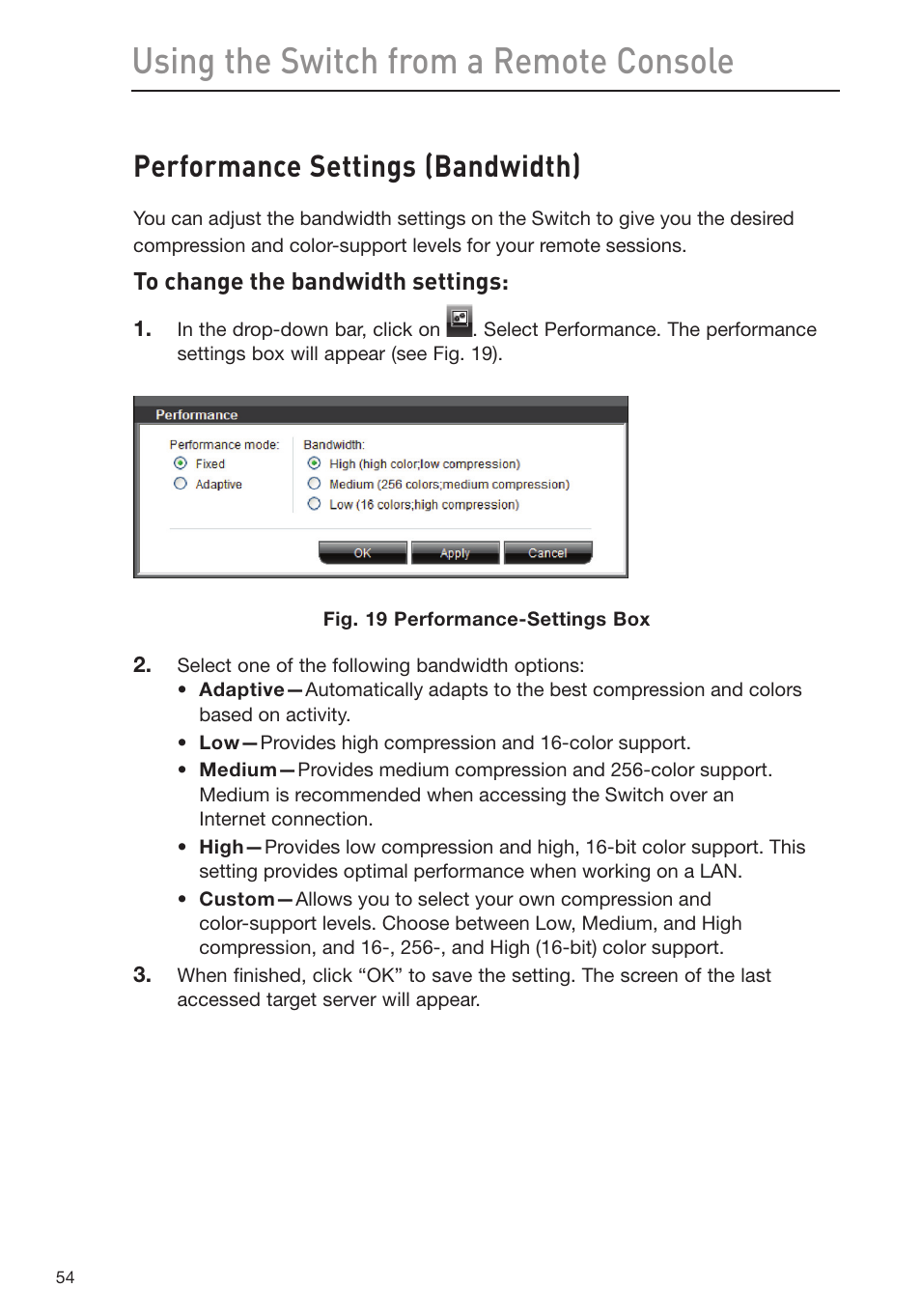 Using the switch from a remote console, Performance settings (bandwidth) | Belkin Omniview SMB KVM-over-IP Switch F1DP108G User Manual | Page 57 / 84