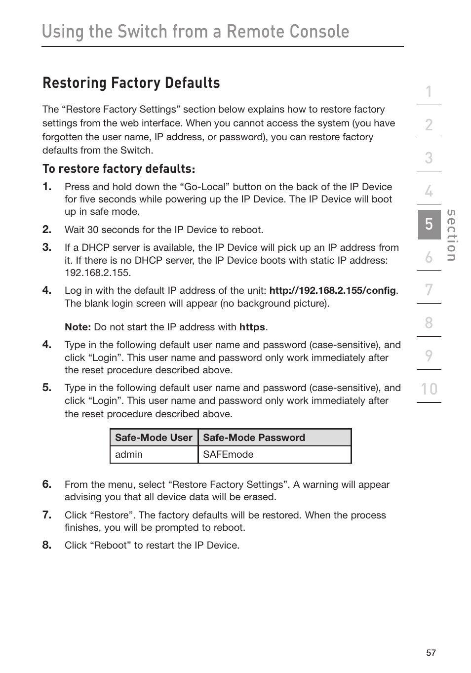 Using the switch from a remote console, Restoring factory defaults | Belkin Omniview SMB KVM-over-IP Switch F1DP108G User Manual | Page 60 / 84