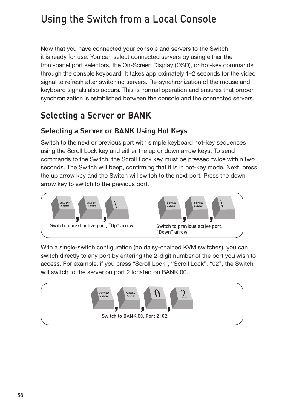 Using the switch from a local console, Selecting a server or bank, Selecting a server or bank using hot keys | Belkin Omniview SMB KVM-over-IP Switch F1DP108G User Manual | Page 61 / 84