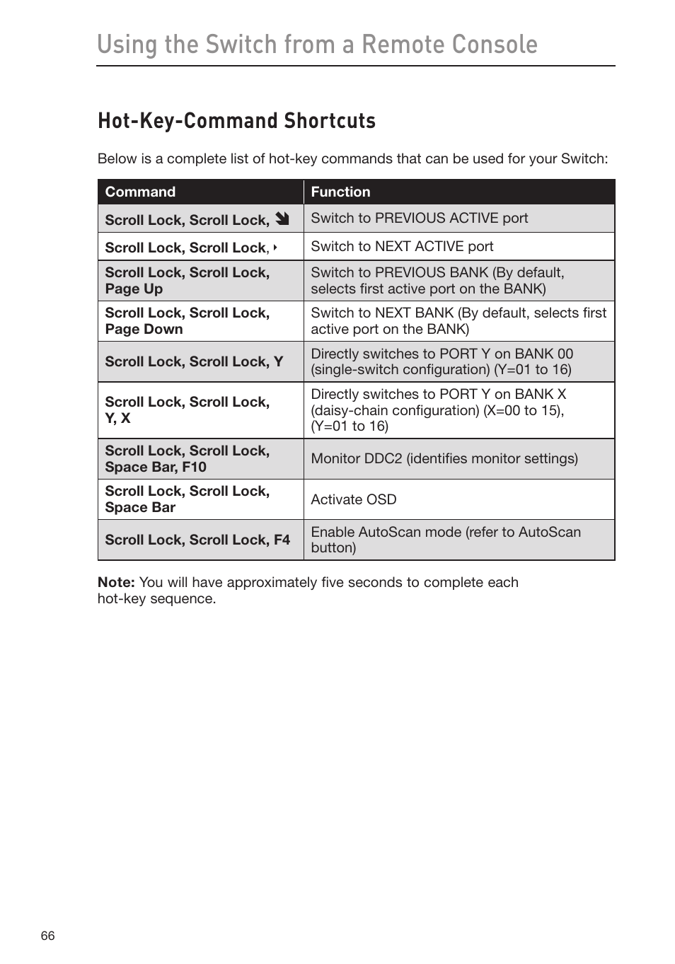 Using the switch from a remote console, Hot-key-command shortcuts | Belkin Omniview SMB KVM-over-IP Switch F1DP108G User Manual | Page 69 / 84