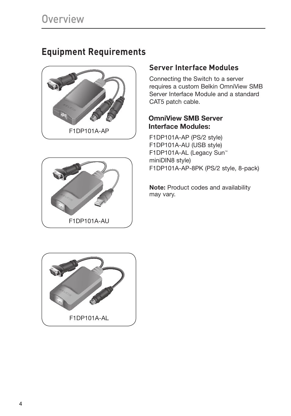 Overview, Equipment requirements, Server interface modules | Belkin Omniview SMB KVM-over-IP Switch F1DP108G User Manual | Page 7 / 84