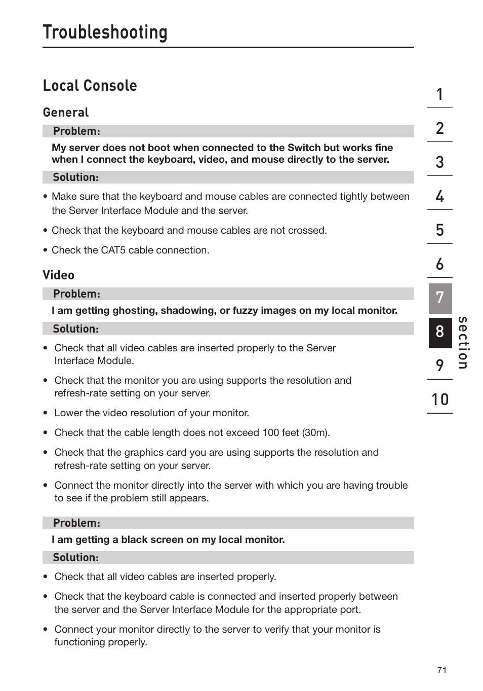 Troubleshooting, Local console | Belkin Omniview SMB KVM-over-IP Switch F1DP108G User Manual | Page 74 / 84