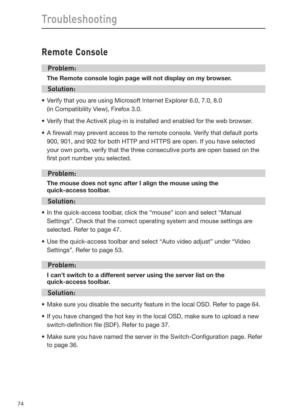 Troubleshooting, Remote console | Belkin Omniview SMB KVM-over-IP Switch F1DP108G User Manual | Page 77 / 84