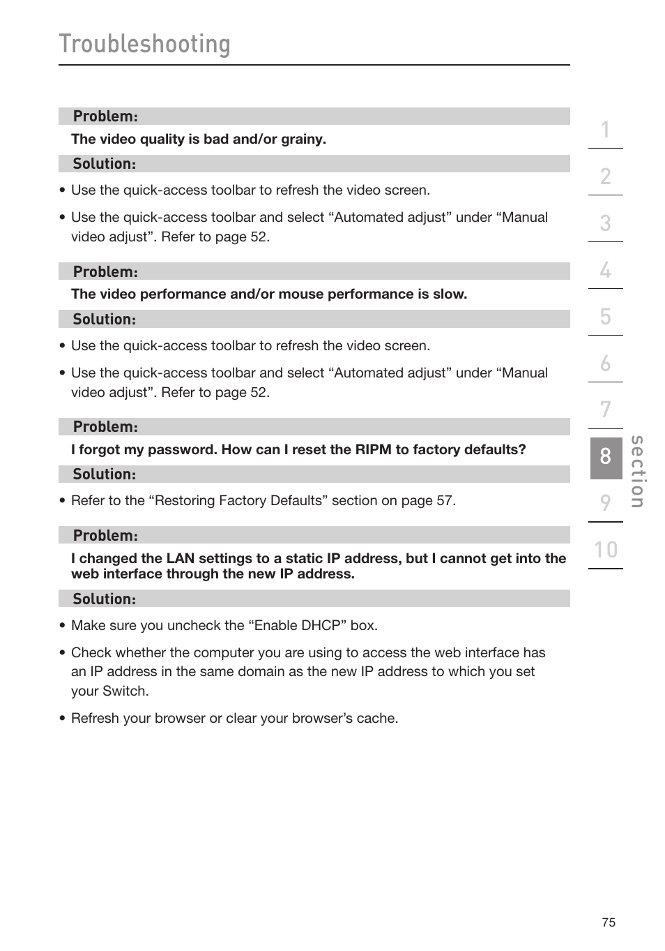 Troubleshooting | Belkin Omniview SMB KVM-over-IP Switch F1DP108G User Manual | Page 78 / 84