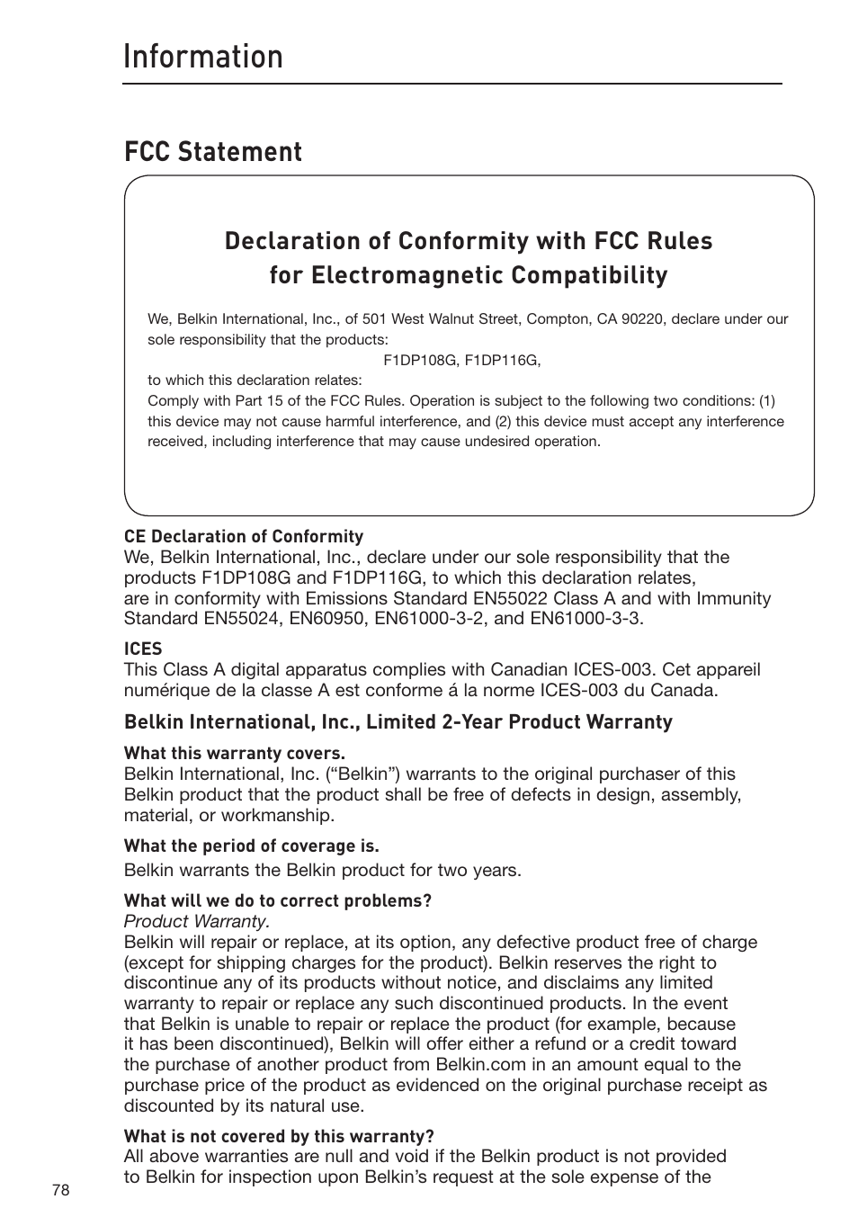 Information, Fcc statement | Belkin Omniview SMB KVM-over-IP Switch F1DP108G User Manual | Page 81 / 84