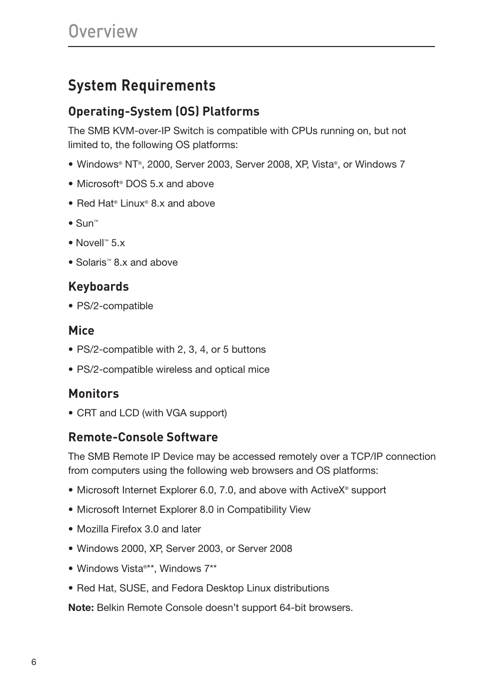 Overview, System requirements, Operating-system (os) platforms | Keyboards, Mice, Monitors, Remote-console software | Belkin Omniview SMB KVM-over-IP Switch F1DP108G User Manual | Page 9 / 84