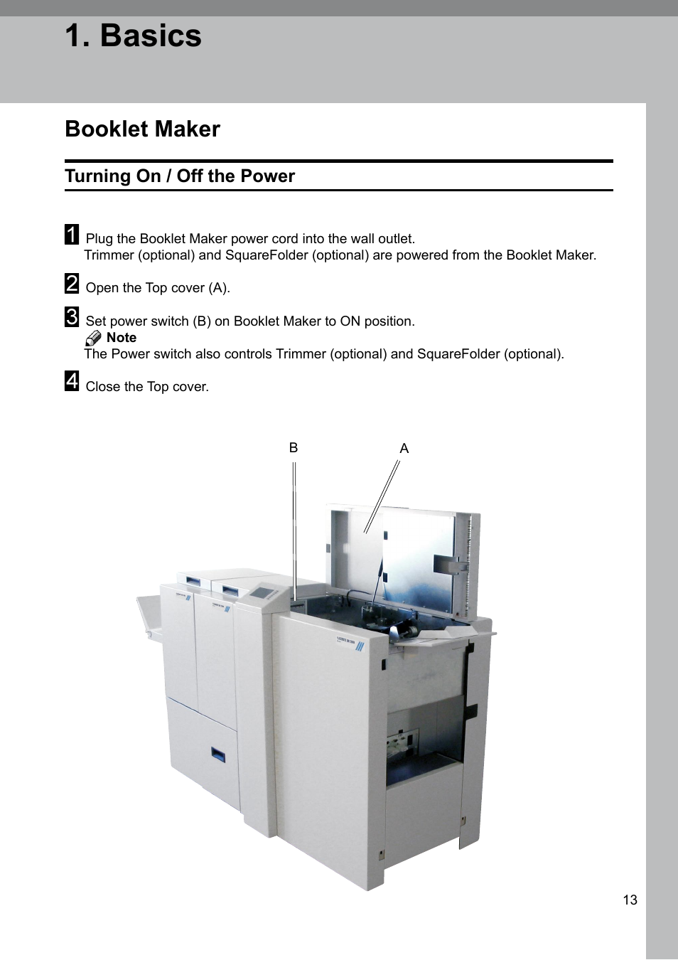 Basics, Booklet maker, Turning on / off the power | GBC 2000 Plockmatic Bookmaker User Manual | Page 13 / 56