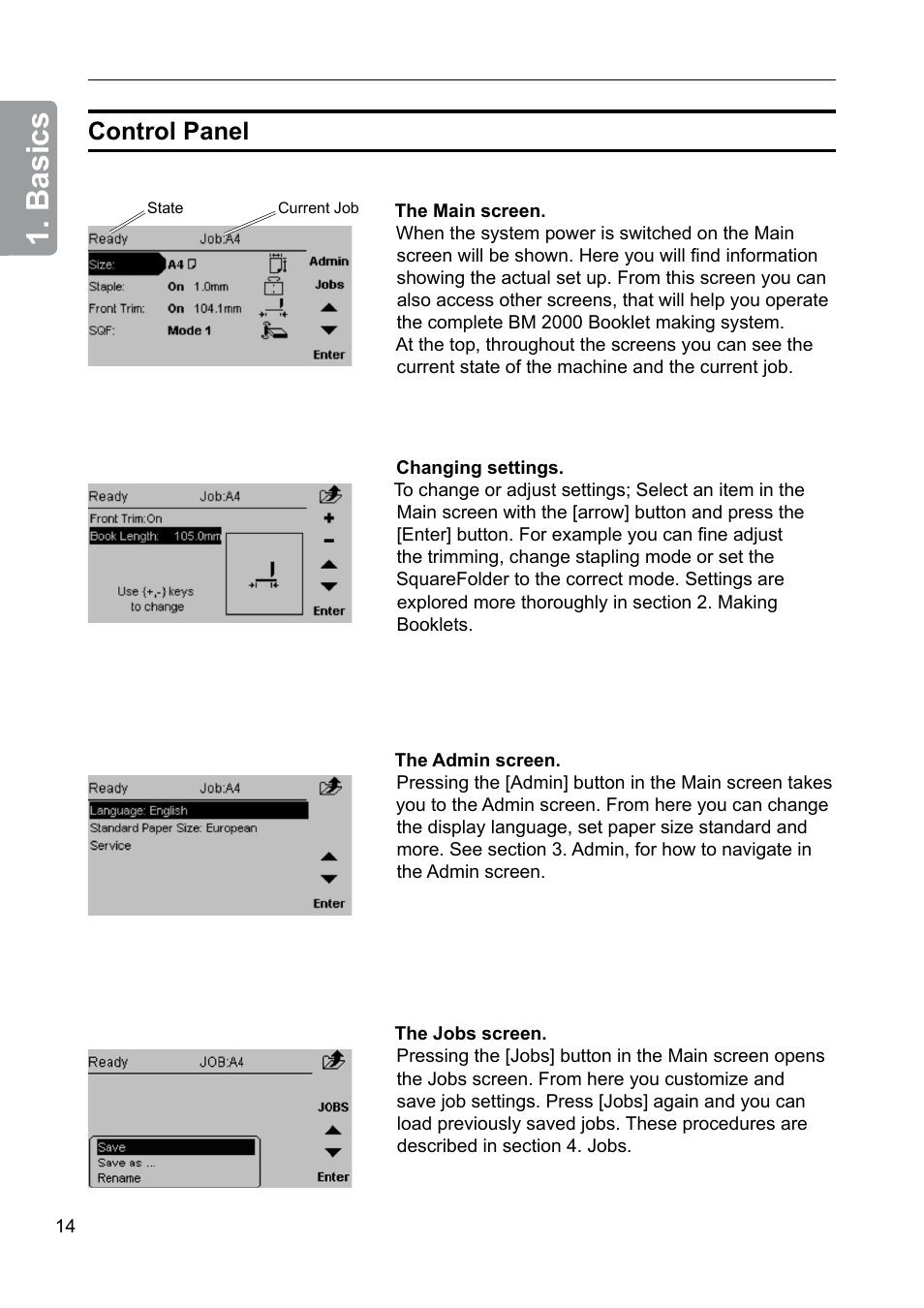 Control panel, Basics | GBC 2000 Plockmatic Bookmaker User Manual | Page 14 / 56