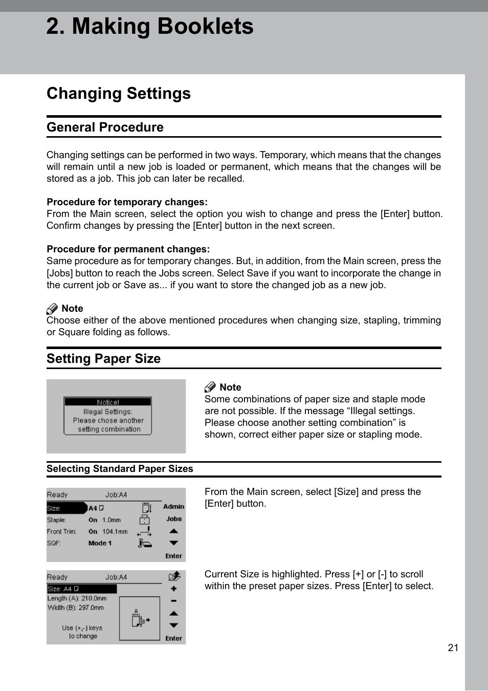 Making booklets, Changing settings, General procedure | Setting paper size | GBC 2000 Plockmatic Bookmaker User Manual | Page 21 / 56