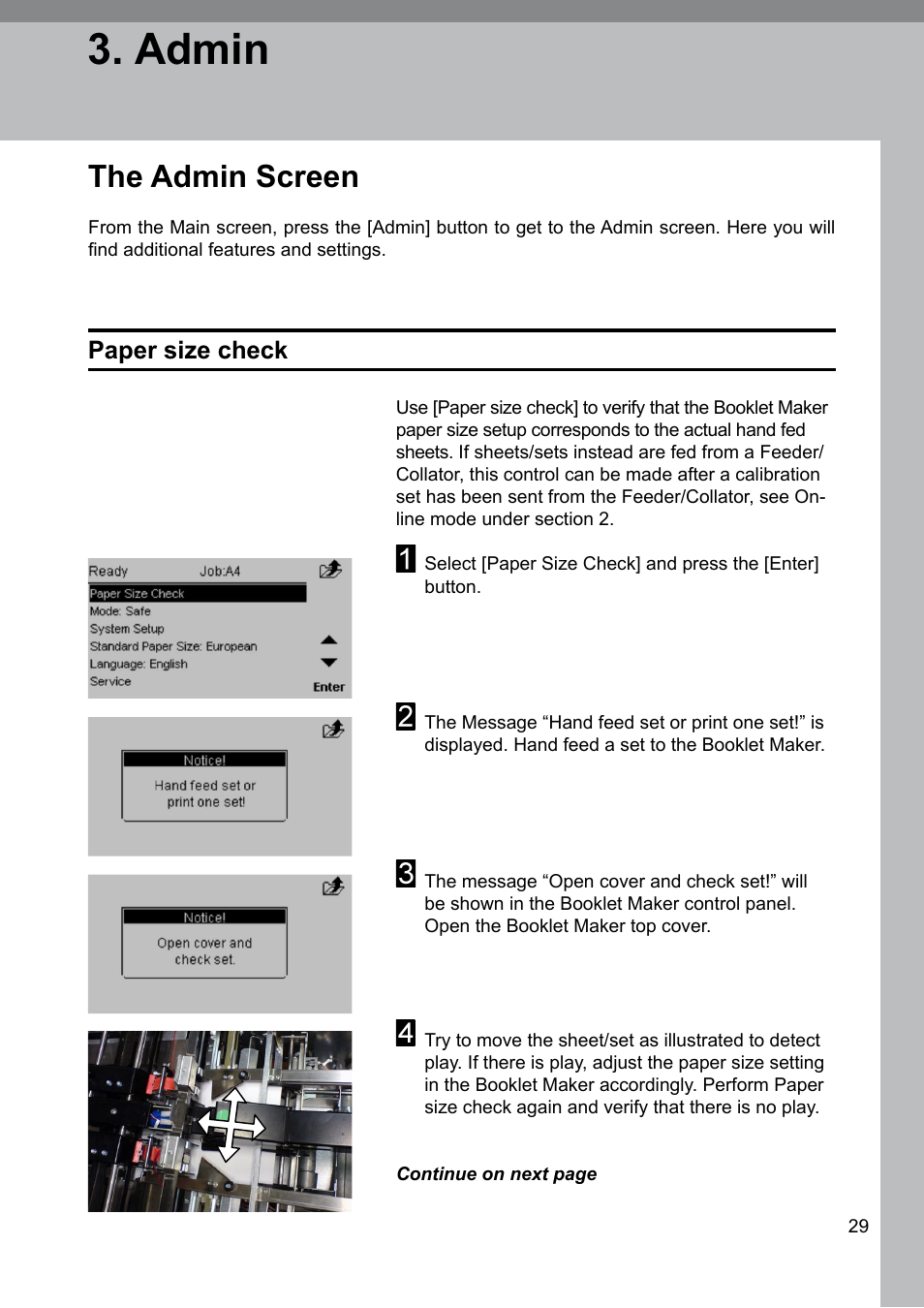 Admin, The admin screen, Paper size check | GBC 2000 Plockmatic Bookmaker User Manual | Page 29 / 56