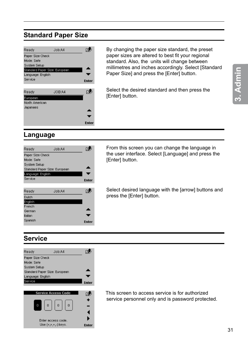 Standard paper size, Language, Service | Admin | GBC 2000 Plockmatic Bookmaker User Manual | Page 31 / 56