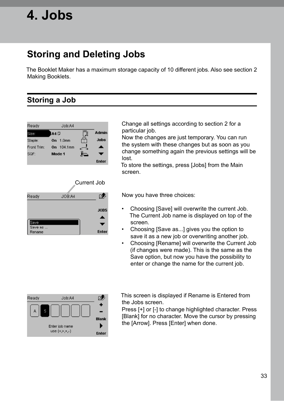 Jobs, Storing and deleting jobs, Storing a job | GBC 2000 Plockmatic Bookmaker User Manual | Page 33 / 56