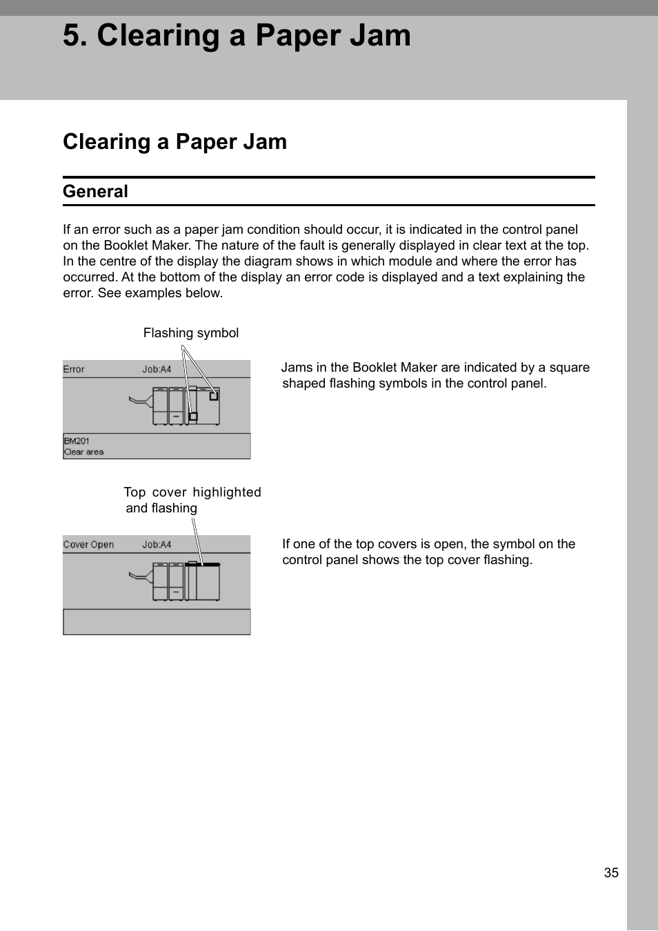 Clearing a paper jam, General | GBC 2000 Plockmatic Bookmaker User Manual | Page 35 / 56